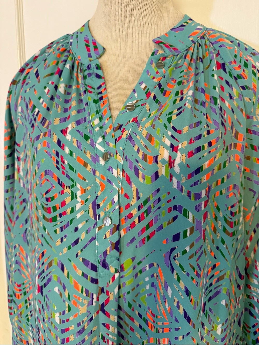 Buddy Love Teal Geometric Print Long Sleeve Tunic size L made in USA